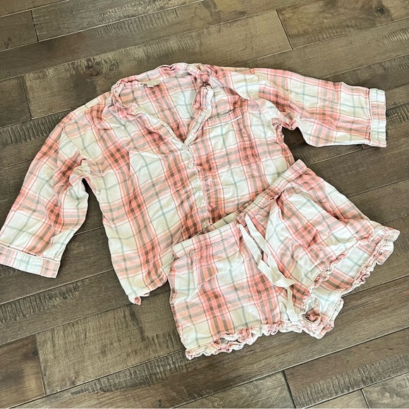 LOFT Sleep Pajamas Set Shorts Top Spring M Orange Pink Women’s Plaid Striped - Picture 2 of 7
